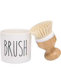 Bamboo Dish Brush With Ceramic Dish Brush Holder Kitchen Brushes For Dishes Dish Scrub Brush Kitchen Dish Scrubber With Soap Holder Kitchen Scrub Brush Dishwashing Brush