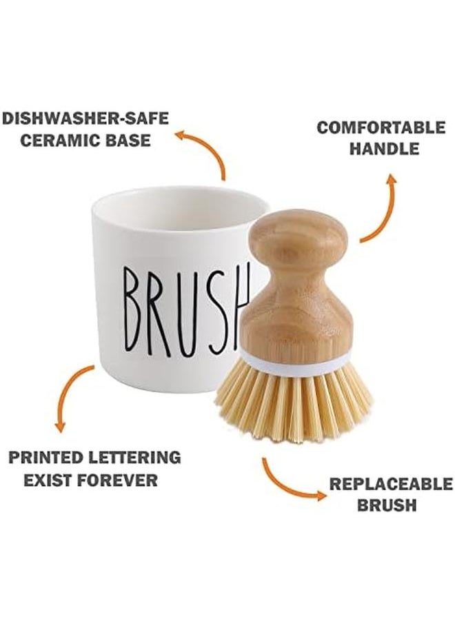 Generic - Bamboo Dish Brush With Ceramic Dish Brush Holder Kitchen Brushes For Dishes Dish Scrub Brush Kitchen Dish Scrubber With Soap Holder Kitchen Scrub Brush Dishwashing Brush - Image 1
