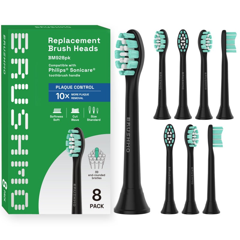 Brushmo Plaque Control Replacement Toothbrush Heads, Compatible with Philips Sonicare Click-on Electric Toothbrush Handles, 8 Standard Replacement Heads, SoftDuPont Bristles, BM928bk, Black - Image 1
