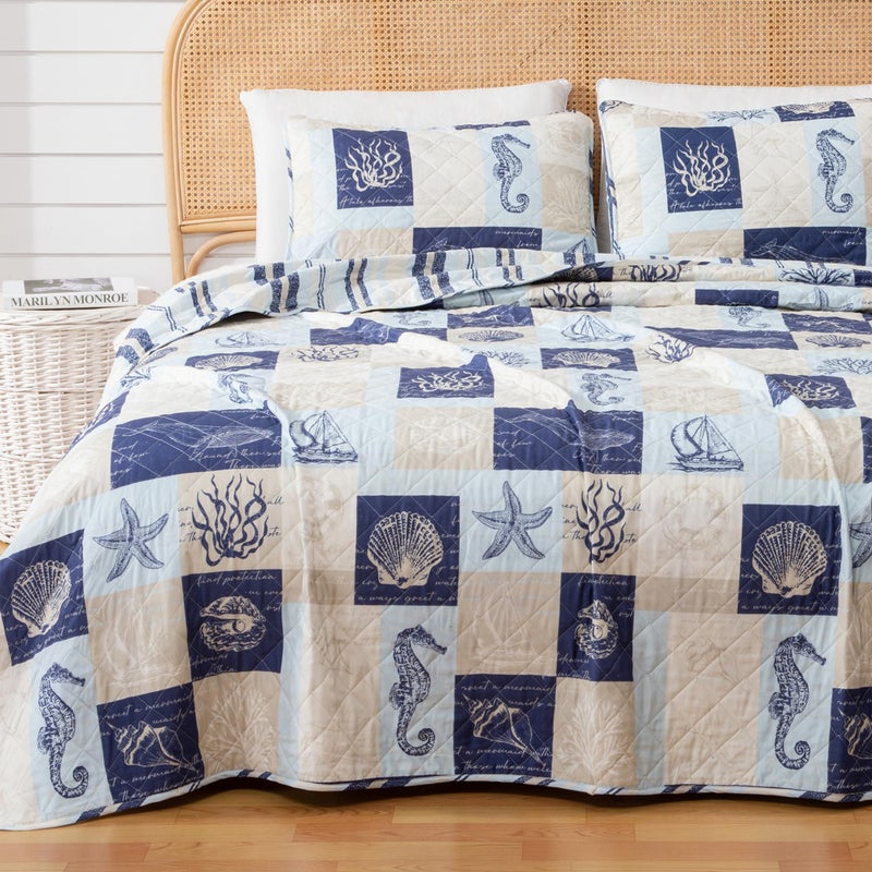 Great Bay Home FullQueen Coastal Quilt Bedding Set Summer Coastal Quilt with Shams Beach 3Piece Reversible All Season Bedspread Quilt Set Lightweight Nautical Quilted Coverlet NavyTaupe