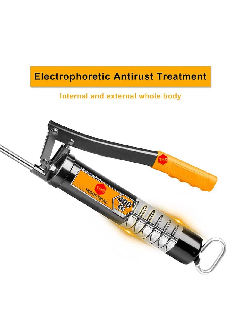 THS THS Heavy Duty LeverAction Manual Grease Gun with 18inch Whip Hose Follower Springs Premium Dual Lip Follower Jam Proof Toggle Mechanism with 12inch 10000 PSI with 400cc  - Image 3