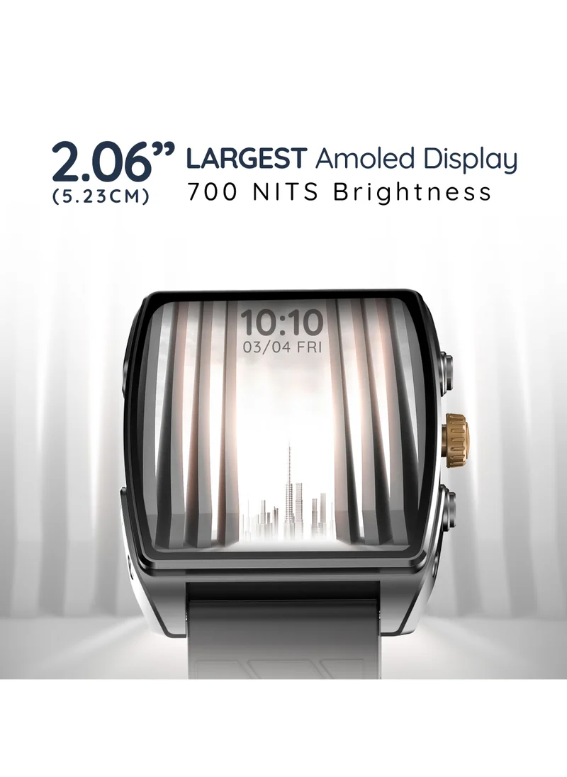 Pebble Mega 2.06" Amoled Display, Bluetooth Calling, Always on Display, SpO2,Heart Rate Monitoring, Multiple Watch Faces, Functional Rotating Crown, Multiple Watch Faces, AI Voice Assistant, Sleep Monitoring, Alarm & Notification, Timer, Camera Shutter, Remote Music Player, World Clock, Flash light, Find phone, Stopwatch, Weather, Exercise Records,