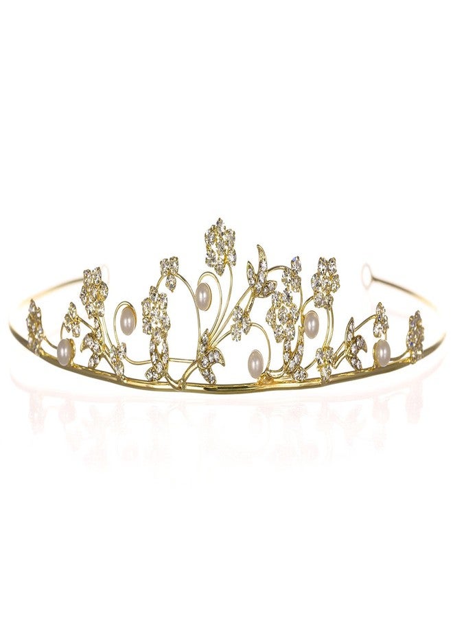SAMKY Dainty Rhinestone Crystal Flower Princess Tiara - Faux Pearls Gold Plated T295 - Image 1