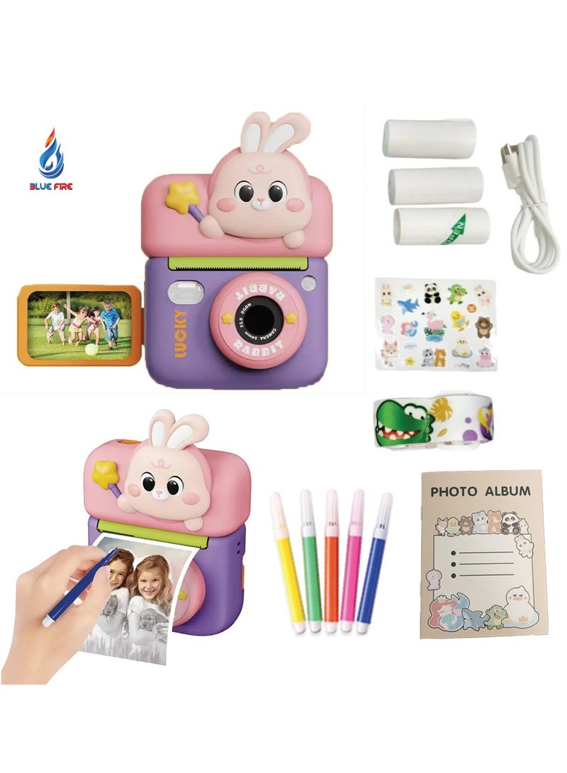 BlueFire Kids Digital Camera Print Free Painting M12-U – Instant Black & White Photo Printing, 48MP HD Camera, 1080P Video, Built-in Games, Customizable Stickers & Graffiti Pens – Perfect Creative Gift for Children (Rabbit-Themed Design) - Image 1