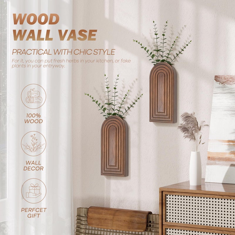 EOSAHR Pine Wood Set of 2 Wall Vases for Indoor Plants & Flowers â€“ Farmhouse Wall Art for Living Room, Office and Home Decor â€“ Hanging Planters with Boho Decor for Fake Plants (Brown) - Image 4