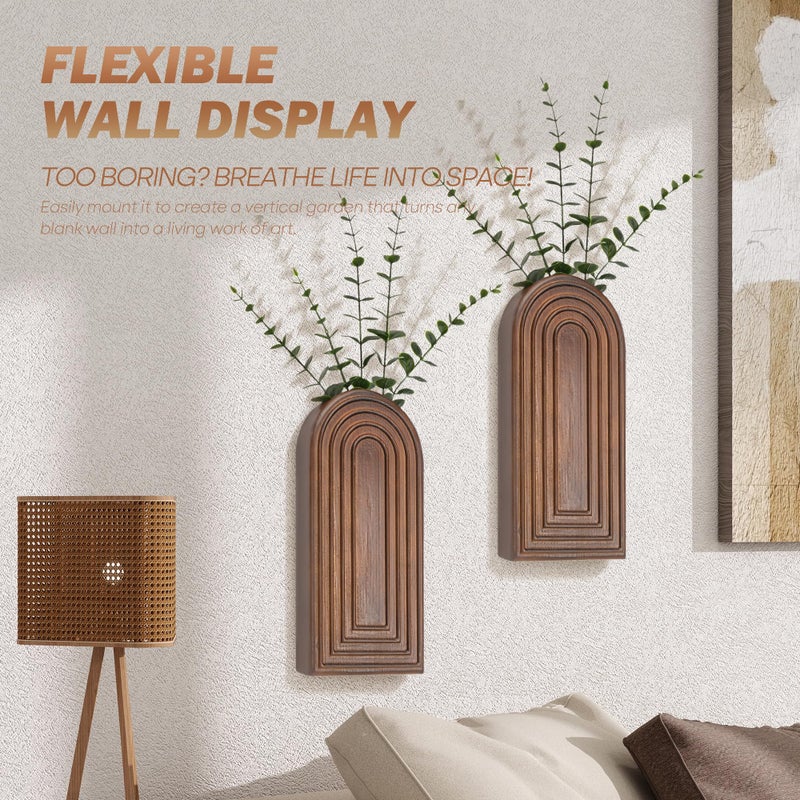 EOSAHR Pine Wood Set of 2 Wall Vases for Indoor Plants & Flowers â€“ Farmhouse Wall Art for Living Room, Office and Home Decor â€“ Hanging Planters with Boho Decor for Fake Plants (Brown) - Image 5