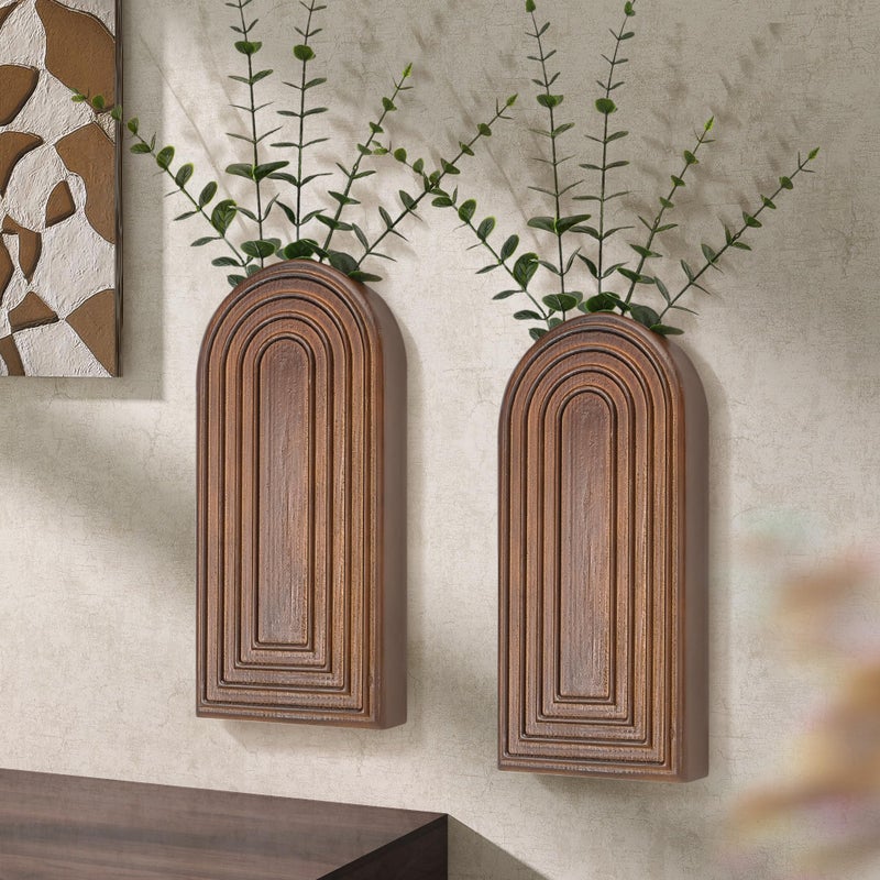 EOSAHR Pine Wood Set of 2 Wall Vases for Indoor Plants & Flowers â€“ Farmhouse Wall Art for Living Room, Office and Home Decor â€“ Hanging Planters with Boho Decor for Fake Plants (Brown) - Image 1