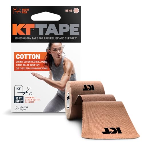 KT TAPE شريط KT، القطن الأصلي، شريط كينيسيولوجي مرن للرياضيين، لفة غير مقطوعة بطول 16 قدم، بيج - Image 1