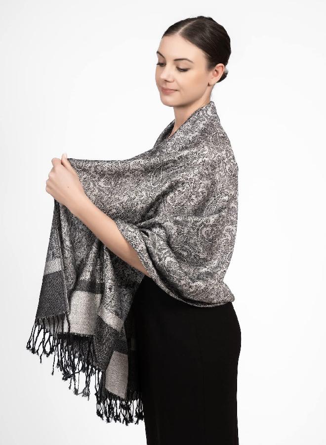Achillea Two Tone Vintage Jacquard Paisley Pashmina Shawl Wrap Scarf (Light Grey) - Image 3
