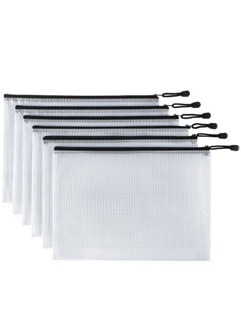 6 عبوات من الحقيبة الشبكية ذات السحاب وحقيبة المستندات المقاومة للماء ومجلدات الملفات بسحاب للوازم المكتبية المدرسية وحقائب تخزين السفر (أبيض)