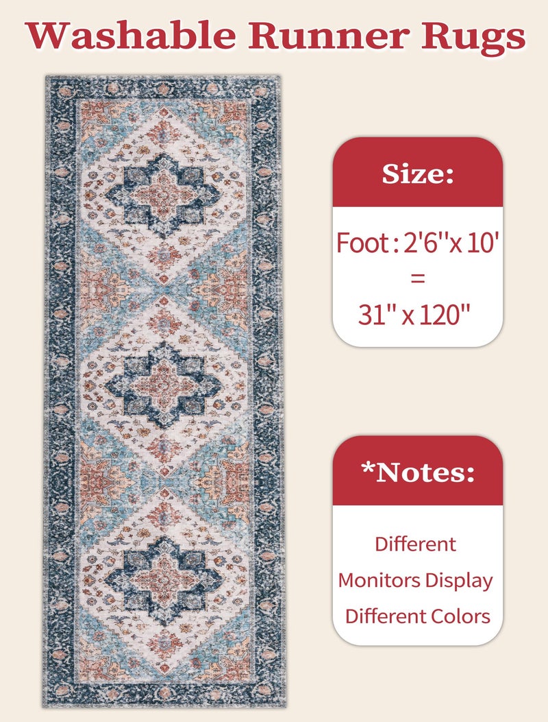 SERISSA Boho Washable Runner Rug, 2'6"x10' Long Non-Slip Vintage Blue Orange Hallway Kitchen Stair Runner Rug Ultra Soft Print Distressed Floor Carpet for Bedroom Bathroom Laundry Room - Image 2