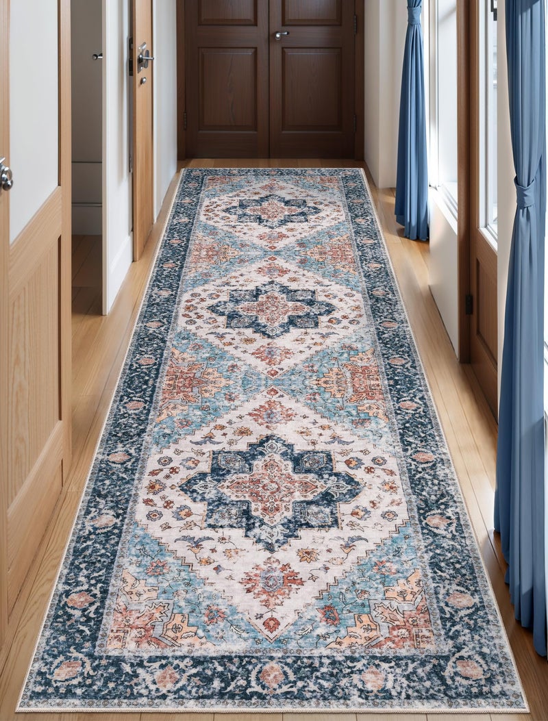 SERISSA Boho Washable Runner Rug, 2'6"x10' Long Non-Slip Vintage Blue Orange Hallway Kitchen Stair Runner Rug Ultra Soft Print Distressed Floor Carpet for Bedroom Bathroom Laundry Room - Image 1