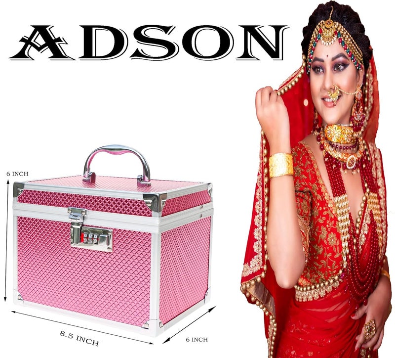 ADSON صندوق مكياج احترافي من ADSON - علبة تجميل مع مرآة (وردي معدني)، مقاس مجاني، 12 سم - Image 5