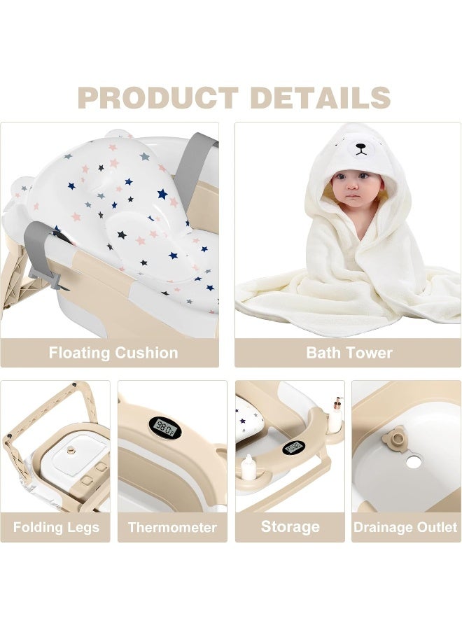 MoreFeel Collapsible Baby Bathtub for Newborn with Thermometer & 1 Hooded Towel & 1 Soft Floating Cushion - Image 5