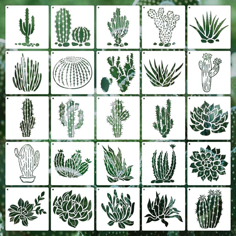 6 Inch Cactus Stencils Reusable Summer Cacti Stencils for Painting on Wood 25 Pieces Tropical Succulent Stencil DIY Craft Template for Painting on Furniture Canvas Wall Home DecorCactus