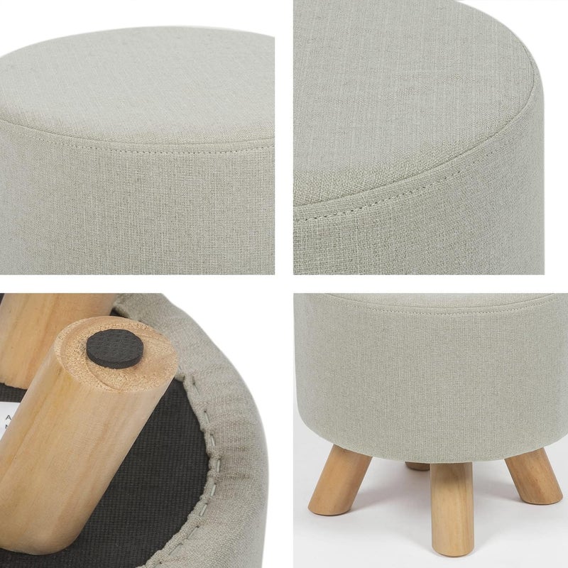 Asense Small Round Ottoman Foot Rest Stool Fabric Padded Seat Footstool Ottoman with Wooden Legs (Beige Grey,Fabric) - Image 4