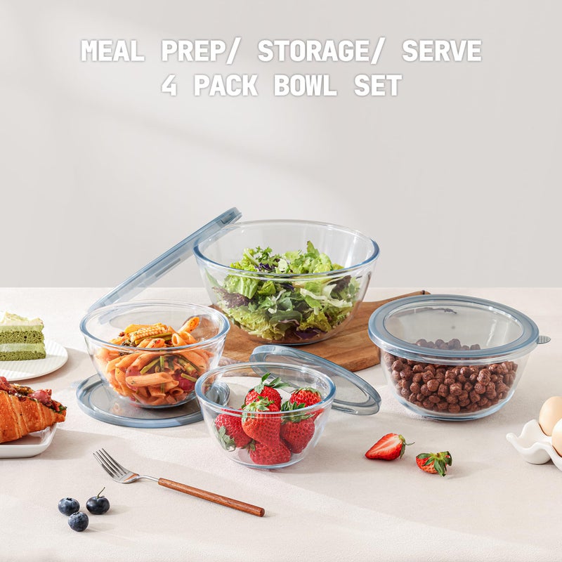 Cuiselect 4pc Glass Mixing Bowls with Lids Set (2.80QT, 1.64QT, 1.16QT, 0.85QT), Thick Salad Bowl, Nesting Glass Mixing Bowl for Cooking, Baking, Prepping-Dishwasher Microwave Freezer Safe - Image 2