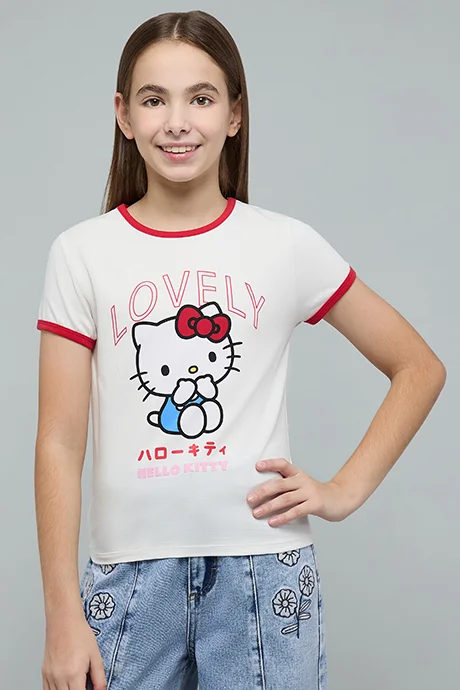 أر أند بي Hello Kitty Print T-Shirt with Crew Neck and Short Sleeves