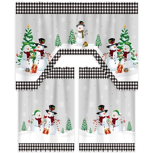 Frienda 3 Pieces Christmas Kitchen Curtains Window Curtains and Valance Set Snowman Christmas Tree White and Black Buffalo Plaid Swag for Bedroom Living Room 60 x 36 Valance 36 x 30 Tiers - Image 1