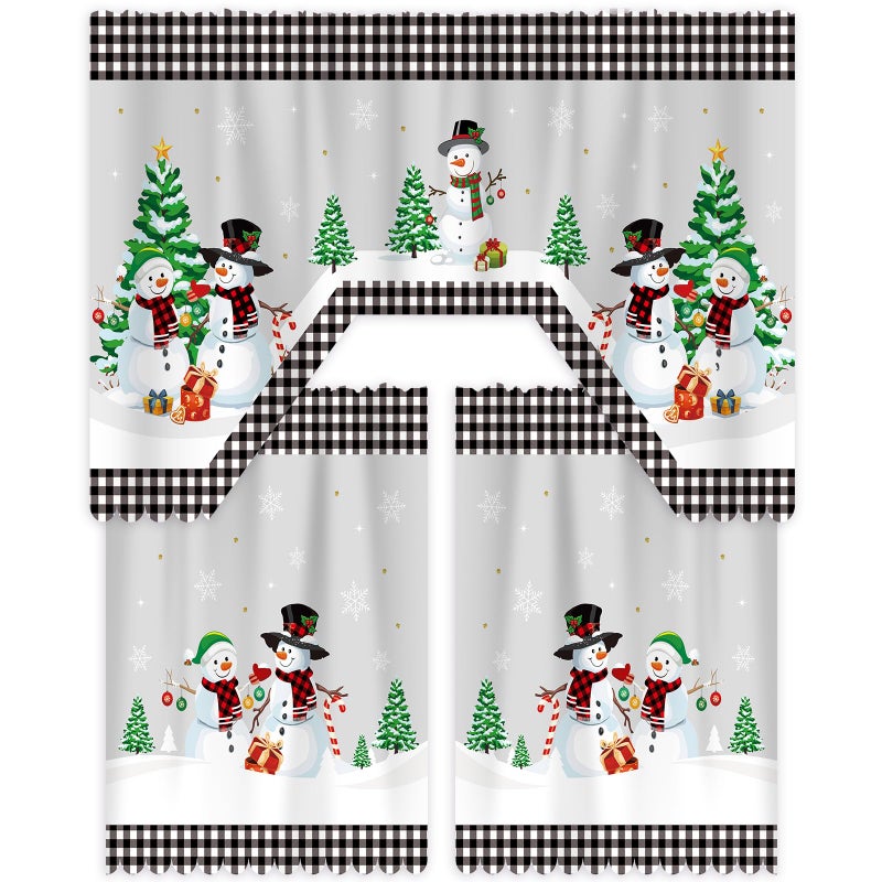 Frienda 3 Pieces Christmas Kitchen Curtains Window Curtains and Valance Set Snowman Christmas Tree White and Black Buffalo Plaid Swag for Bedroom Living Room 60 x 36 Valance 36 x 30 Tiers - Image 2