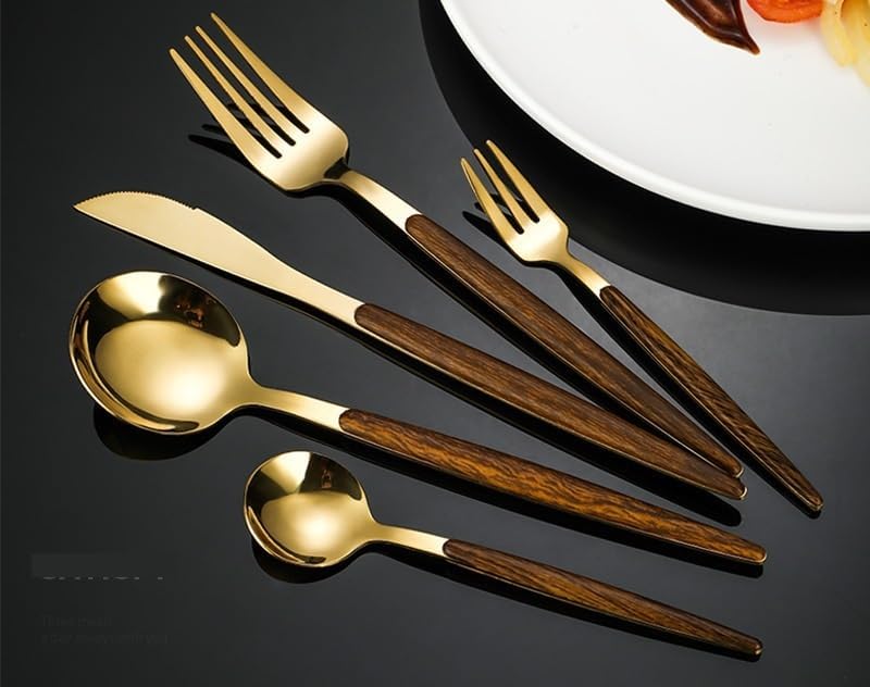 Silverware Flatware Cutlery Set, 5/20/30/40/50/60 Pieces Household Wood Grain Knives, Creative Cutlery, Forks and Spoons, Stainless Steel Tableware Box Set-60Pcs (Gold 6Set) - Image 2