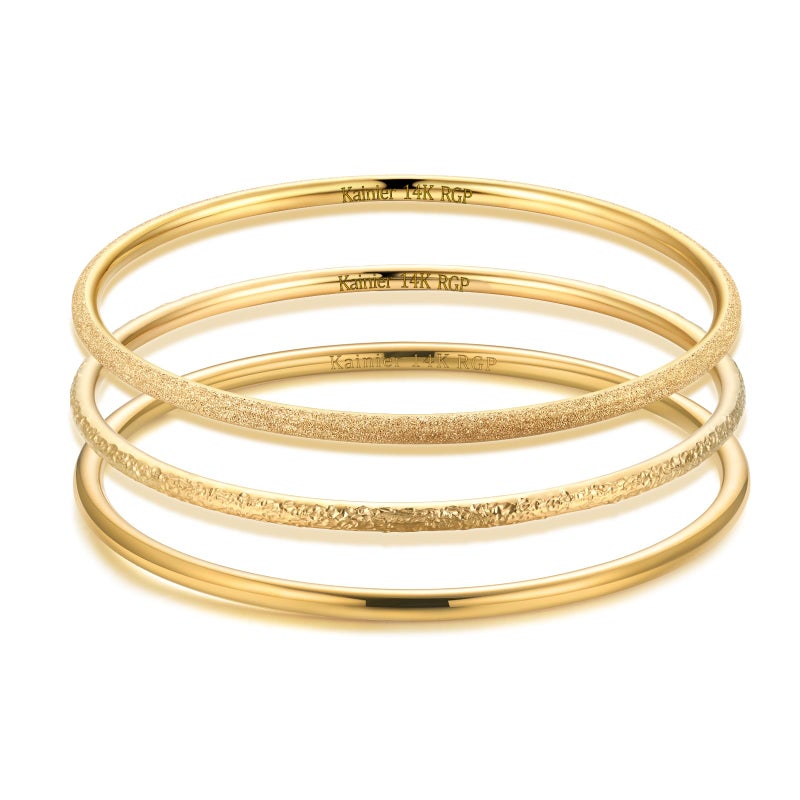 Kainier 3mm 14K Gold Plated Bangle Bracelets 3mm Elegant Thin Round Bangles for Women Stackable Solid Bracelets Sets Ideal Gift for Love (Gold B, 8.0 Inches) - Image 1
