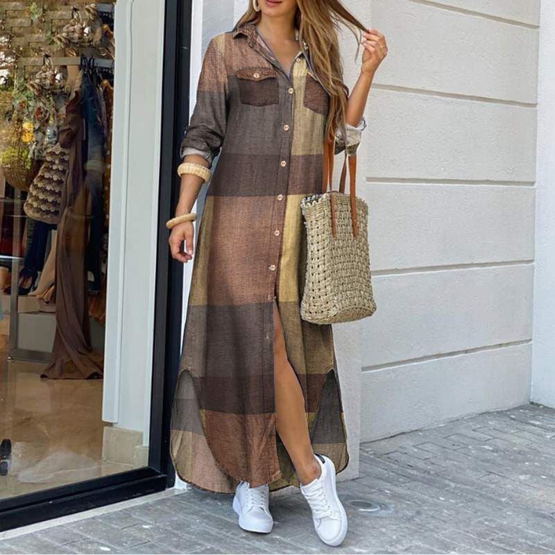 2024 Autumn Fashion Long Sleeve Shirt Dress S-5XL khaki lattice - Image 1