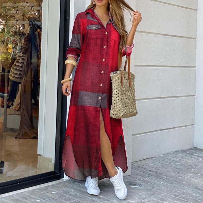 2024 Autumn Fashion Long Sleeve Shirt Dress S-5XL khaki lattice - Image 2