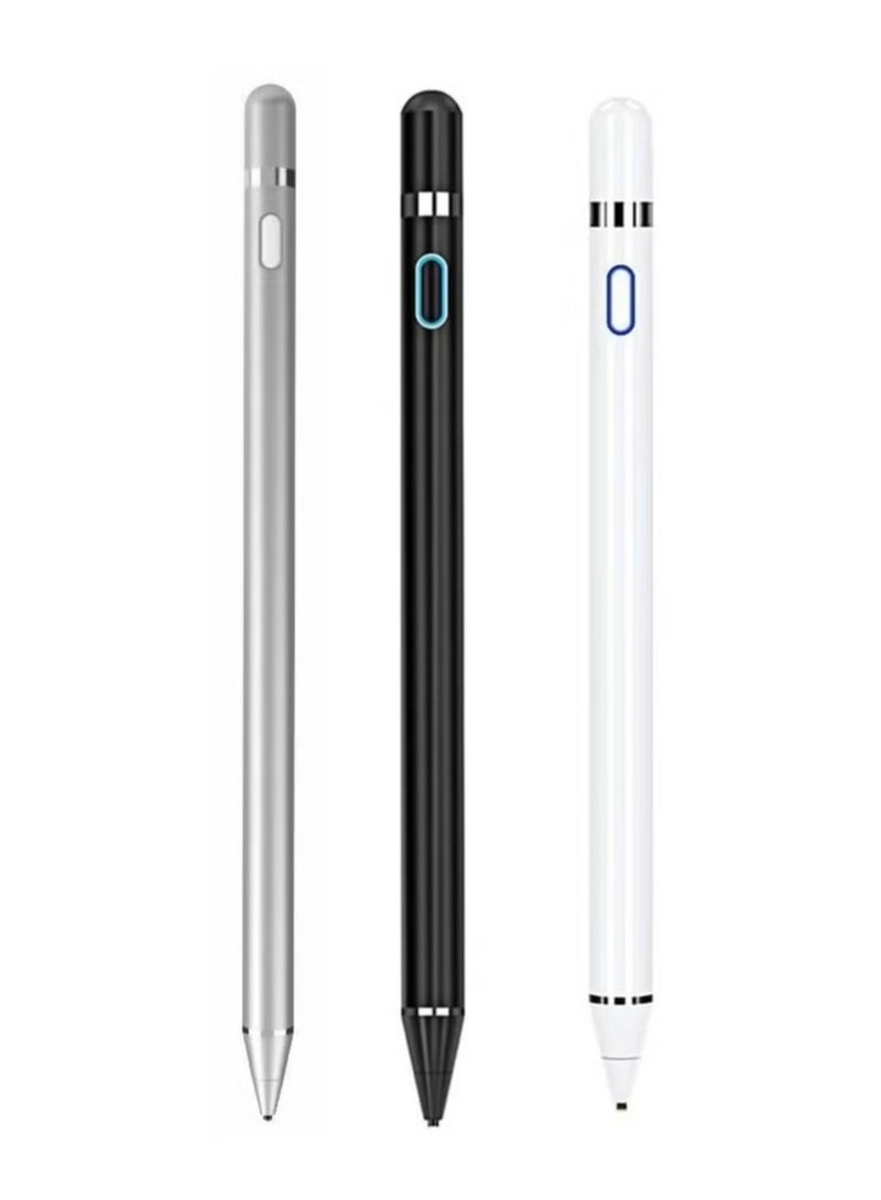 BGM 3 Pc Universal Stylus Pen, Active Stylus Pen for Touch Screens, 1.5mm Metal Fine Point High Sensitivity Digital Stylus Pen Compatible with iPad, Android Tablet and Other Touch Screens - Silver / Black / White  - Image 1