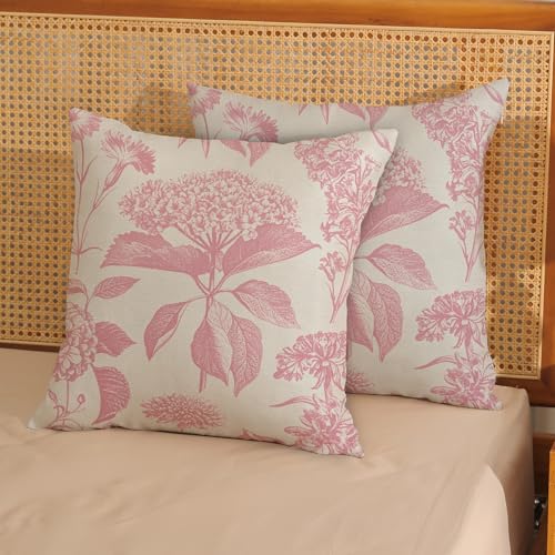 DAFENA Pink Pillow Covers 18x18 Inch 2 Pcs Boho Vintage Floral Decor Throw Pillows Hydrangea Flower Seasonal Outdoor Farmhouse Neutral Accent Decoration Pillowcase Linen Cushion Cover for Sofa - Image 3