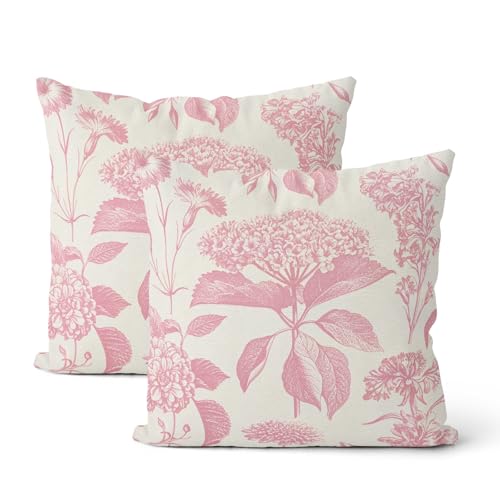 DAFENA Pink Pillow Covers 18x18 Inch 2 Pcs Boho Vintage Floral Decor Throw Pillows Hydrangea Flower Seasonal Outdoor Farmhouse Neutral Accent Decoration Pillowcase Linen Cushion Cover for Sofa - Image 1