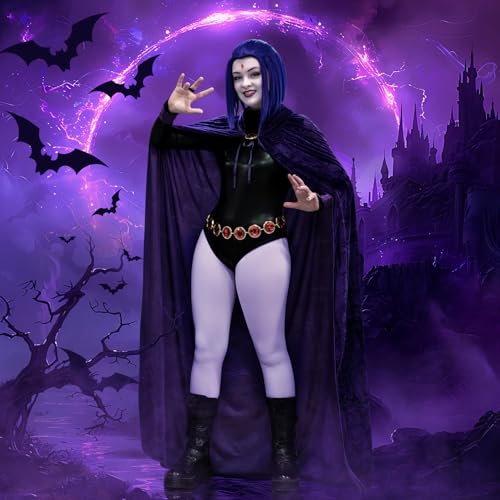 REECHO Raven Costume for Women Halloween Cosplay, Purple Hooded Cape Cloak Red Stones Waist Belt, Costumes Props, Eye Mask - Image 2