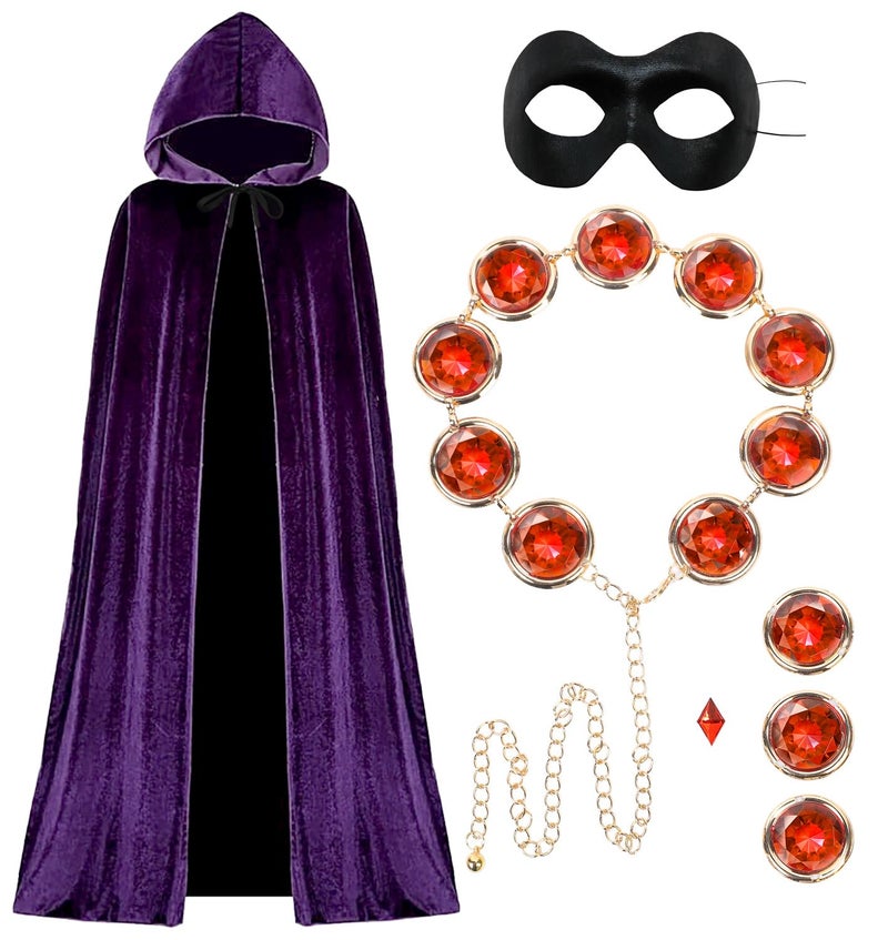 REECHO Raven Costume for Women Halloween Cosplay, Purple Hooded Cape Cloak Red Stones Waist Belt, Costumes Props, Eye Mask - Image 1