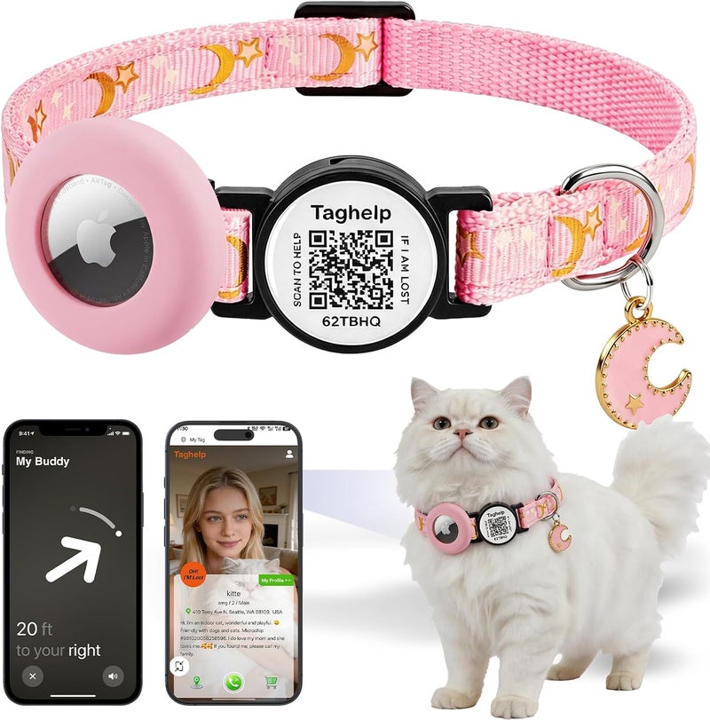 طوق AirTag نجوم وقمر مع حامل AirTag وجرس، طوق قطط Air Tag لأبل. صلب وآمن، طوق حيوانات أليفة، طوق قطط قابل للفصل، علامات تعريف قطط ذكية برمز QR - ملف شخصي عبر الإنترنت للحيوان الأليف (وردي) - Image 1