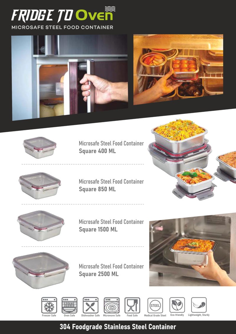 Celltone Fridge to Oven Microwave Safe Stainless Steel Reusable Food Storage Containers with Leak-Proof and Airtight Lids (Sqaure Set of 3) - Image 4
