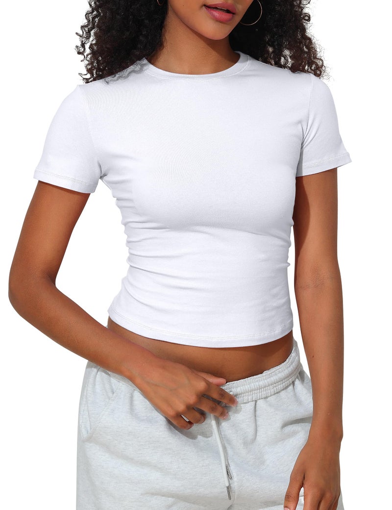 PrettyGuide Womens Cotton Jersey Tee Crew Neck Cute Summer Slim Fit Crop Shirts Short Sleeve Baby Tee Tops White S - Image 2