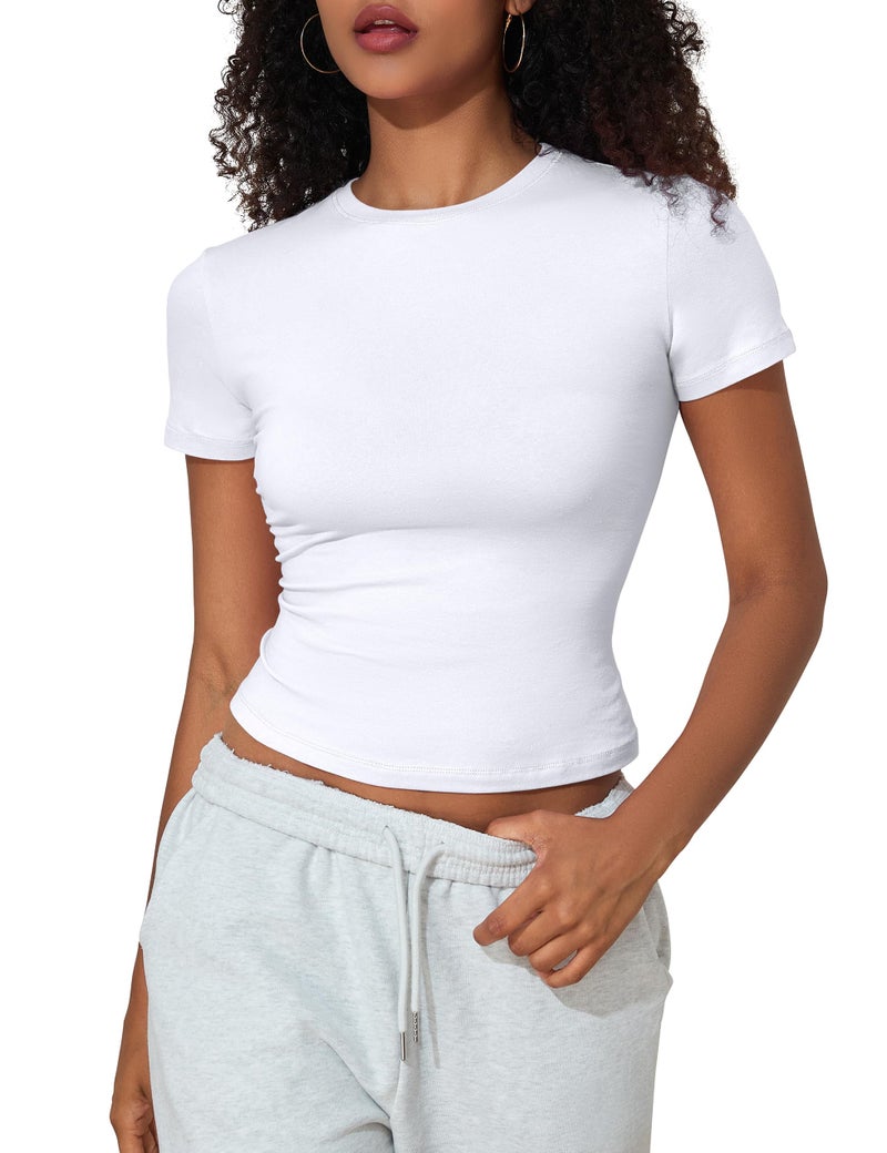 PrettyGuide Womens Cotton Jersey Tee Crew Neck Cute Summer Slim Fit Crop Shirts Short Sleeve Baby Tee Tops White S - Image 1