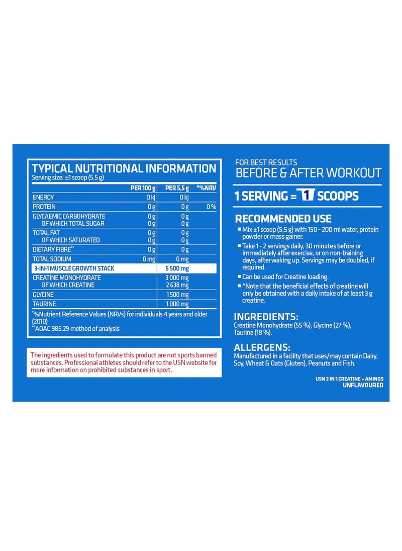 USN Supplements - 3 in 1 Creatine + Aminos Unflavored 36 Servings 200g - Image 1