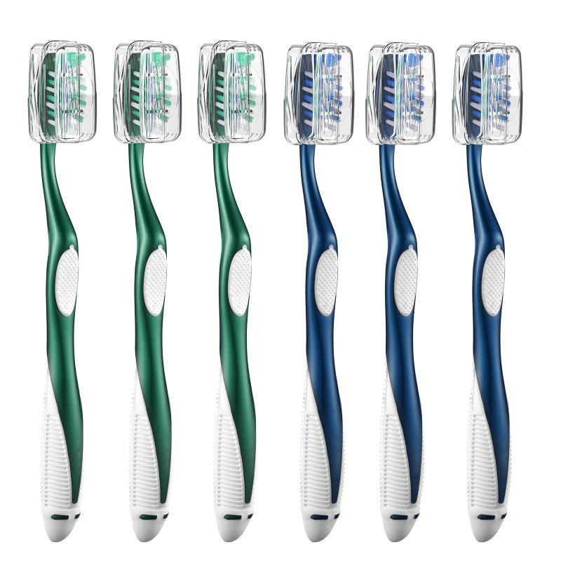Fremouth Extra Firm Toothbrushes with Covers for Adults, Cross Extra Hard Bristles, with Built in Tongue Scraper, 6 Count - Image 1