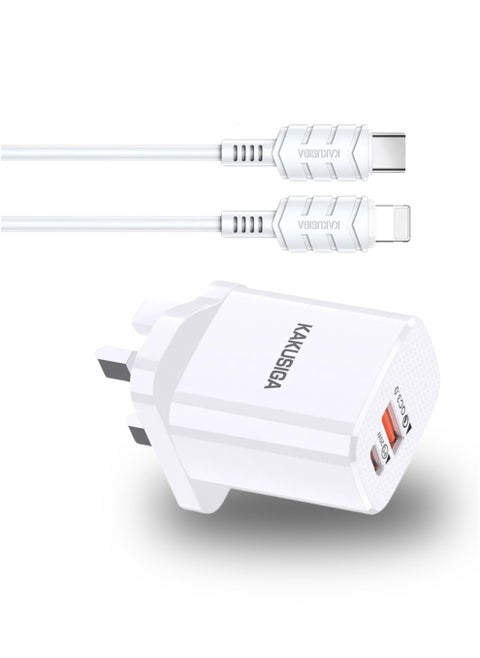 USB C to Lightning Charger with Cable, 20W Dual Port USB Fast Charger | Type-C PD & USB-A Adapter for iPhone 14/13/12, iPad Pro, AirPods, Samsung S25/S24/S23 & More – Includes USB-C to Lightning Cable (White)