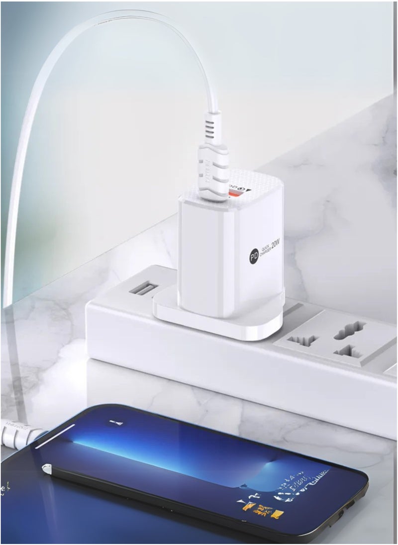 USB C to Lightning Charger with Cable, 20W Dual Port USB Fast Charger | Type-C PD & USB-A Adapter for iPhone 14/13/12, iPad Pro, AirPods, Samsung S25/S24/S23 & More – Includes USB-C to Lightning Cable (White)