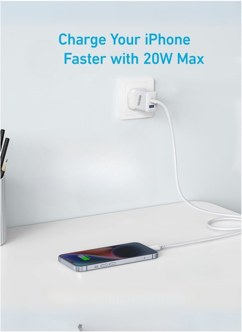 USB C to Lightning Charger with Cable, 20W Dual Port USB Fast Charger | Type-C PD & USB-A Adapter for iPhone 14/13/12, iPad Pro, AirPods, Samsung S25/S24/S23 & More – Includes USB-C to Lightning Cable (White)