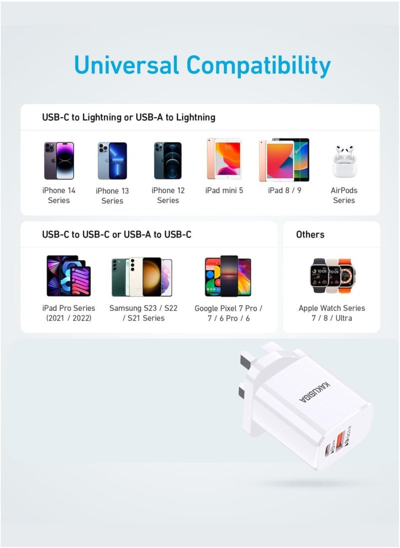 USB C to Lightning Charger with Cable, 20W Dual Port USB Fast Charger | Type-C PD & USB-A Adapter for iPhone 14/13/12, iPad Pro, AirPods, Samsung S25/S24/S23 & More – Includes USB-C to Lightning Cable (White)