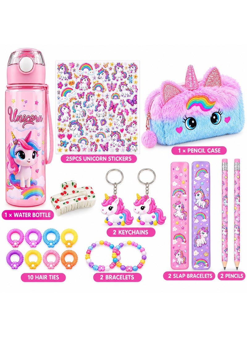 Unicorn Gifts for Girls - Unicorn Water Bottle, Fluffy Pencil Case, Slap Bracelets, Keychains, Hair Ties, Bracelets, Pencils & Stickers Set, Cute Unicorn School Supplies and Birthday Party Favors Toys for Kids Toddlers Teens - Image 1