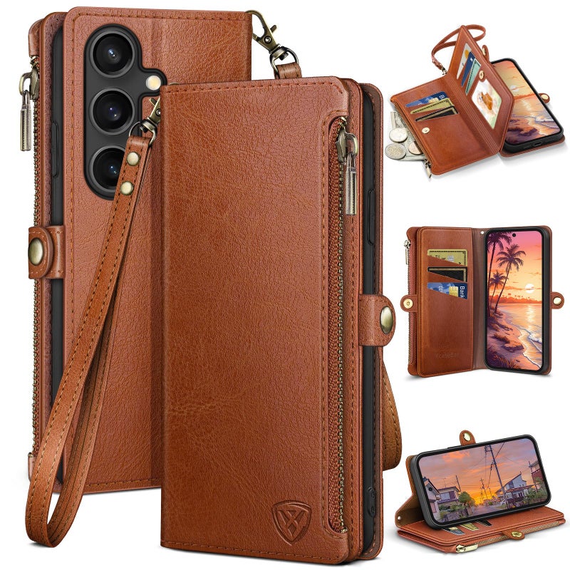 XcaseBar Compatible with Samsung Galaxy S25 Wallet case with Zipper Credit Card Holderã€RFID Blockingã€‘,Flip Folio Book PU Leather Phone case Shockproof Cover Women Men for Samsung S25 case Light Brown - Image 1