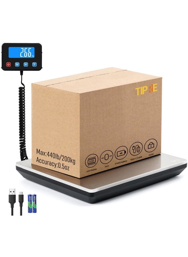 TIPRE Digital Shipping Postal Scale 440lb/200kg with Hold and Tare Function, Extended LCD Display for Packages Small Business, Mail, Warehouse, Home, Luggage, Battery&Charging Cable Included - Image 1