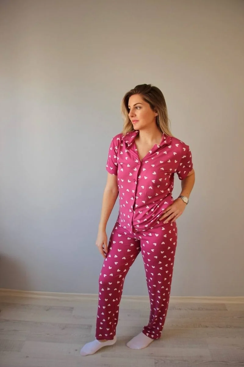 Bie's Women's Low Sleeve Oversize Top Front Buttoned Short Sleeve Viscose Shirt Collar Pajama Set