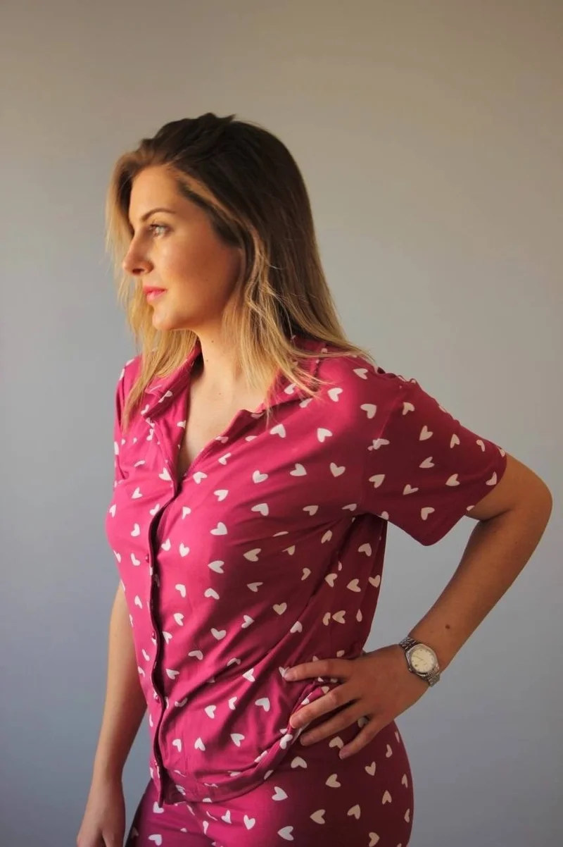 Bie's Women's Low Sleeve Oversize Top Front Buttoned Short Sleeve Viscose Shirt Collar Pajama Set