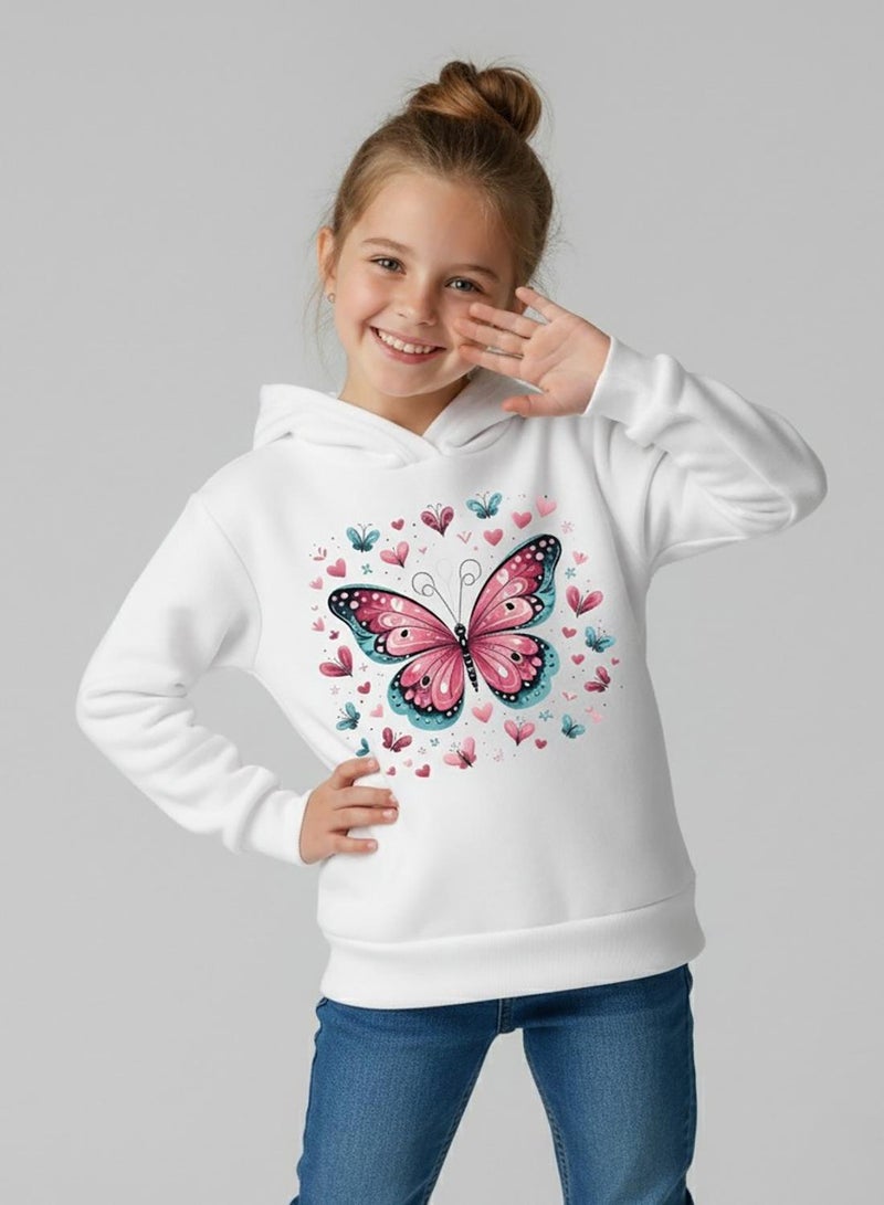 babyqlo Girls White Butterfly Print Winter Fleece Hoodie - Image 4