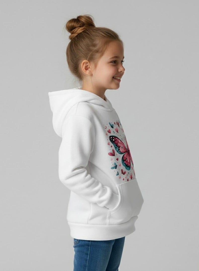 babyqlo Girls White Butterfly Print Winter Fleece Hoodie - Image 3